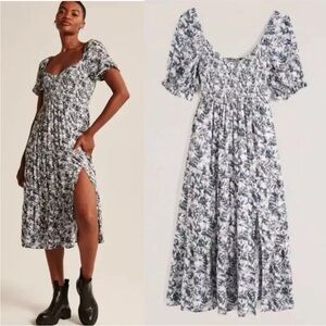Abercrombie & Fitch Navy and White Smocked Bodice Floral Puff Sleeve midi Dress